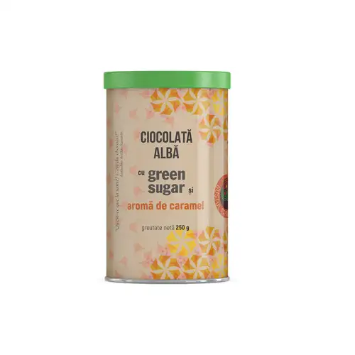 Ciocolata alba cu green sugar si aroma de caramel, 250g, Laboratoarele Remedia